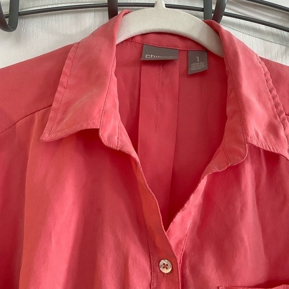 Chico's Sz 1 Button Up Top Womens Medium/8 Pink orange‎ Color Roll Tab Sleeve - Picture 4 of 12